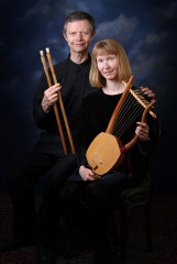 The Neumans with ancient Greek aulos and lyra. Photo by Charles Waugh