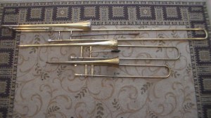 Early trombones played by the Pioneer Brass. Top to bottom: contrabass, bass and tenor sackbutts
