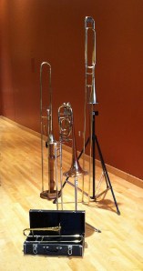 Trombones played by the Pioneer Brass Trombones. Clockwise from left: bass sackbutt, modern bass trombone, contrabass sackbutt, modern soprano trombone. Photo by Full Duck